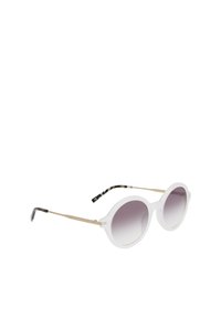 Ronde zonnebril met een doorschijnend wit acetaat frame, gradiënt grijze lenzen, goudkleurige metalen armen en gemusterde tempelpunten.