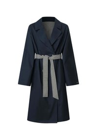 Námornícky trench coat s klopovým golierom, dlhými rukávmi a opaskom s károvaným vzorom, s dvojradovým zapínaním a voľným strihom.
