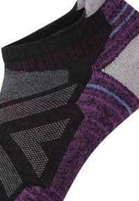 Knee-high sock in black, gray, and purple with geometric patterns. Features textured knit, reinforced toe, and arch support design.