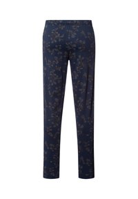 Marineblauwe gestreepte broek met een bloemenpatroon in brons. Heeft een elastische tailleband en een slim fit, gemaakt van zachte, rekbare stof.