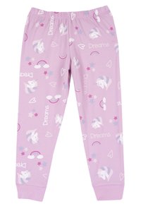Fialové pyžamové kalhoty s hravým vzorem jednorožců, duhov a hvězd. Měkká tkanina s elastickým pasem.