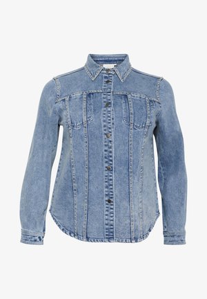 Light blue denim shirt with a button-up front, pointed collar, and two chest pockets. Features decorative stitching along the seams.