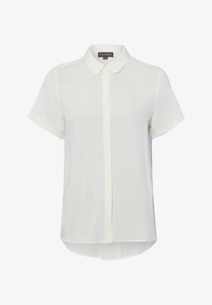 Witte blouse met korte mouwen, een puntige kraag en knoopsluiting aan de voorkant, iets langere achterzoom, gladde stof.