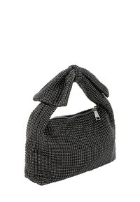 Sort perlehandtaske med et snoet topgreb, lynlås lukning og en struktureret overflade med små, reflekterende dekorationer.