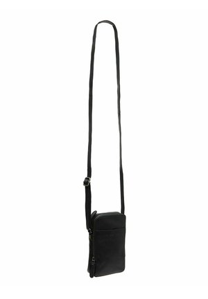 Black leather crossbody bag with a sleek, rectangular shape. Features a zippered pocket and an adjustable strap for convenience.