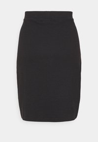 Jupe crayon noire texturée taille haute avec une coupe droite, une longueur au genou et sans attaches ni ornements visibles.