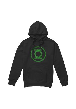 Black hooded sweatshirt with a front pocket featuring a green Green Lantern emblem made of small hexagonal shapes.