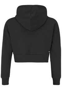 Hoodie nero corto con cappuccio, polsini e orlo a costine. Tessuto morbido con un logo minimale sul lato sinistro in basso.