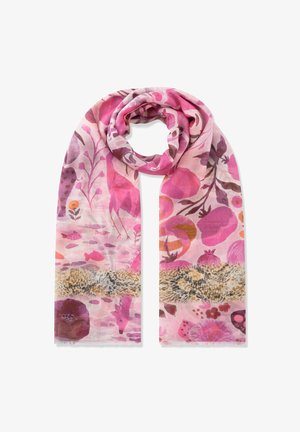 Leichter Stoffschal mit rosa und lila Blumen- und Tiermustern, darunter Vögel und Fische, mit einem strukturierten horizontalen Streifen nahe den Enden.