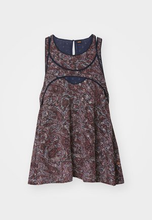 Floral-patterned sleeveless top in dark hues with light accents, featuring a round neckline and a keyhole back detail, made of lightweight fabric.