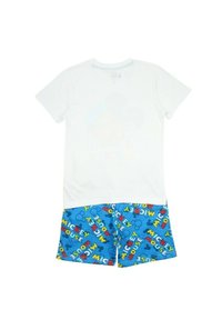 Ensemble de pyjama en coton comprenant un haut à manches courtes blanc et un short bleu avec un motif Mickey Mouse répété en texte rouge, jaune et vert.