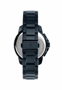 Orologio in acciaio inox nero con cassa oversize lucida e bracciale a maglia. Presenta un fondello trasparente e il logo Maserati.