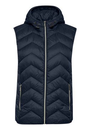 Námornícky modrá bezrukávová vesta s chevronovým prešívaním, nastaviteľnou kapucňou a predným zipsom. Obsahuje dve bočné vrecká.