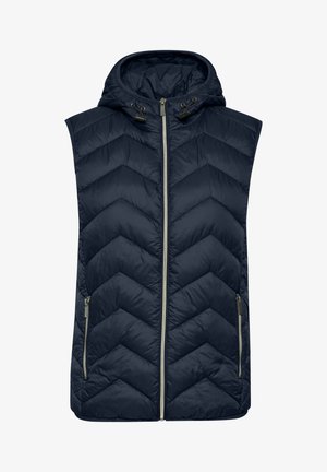 Gilet sans manches bleu marine avec un motif matelassé en chevrons, capuche ajustable et fermeture éclair à l'avant. Il dispose de deux poches latérales.