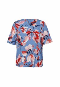 Bloemige blouse met korte mouwen in het blauw, met een levendig patroon van rode en roze bloemen. Zachte stof met een ontspannen, boxy pasvorm. Ronde halslijn.