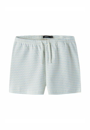 Lyseblå og hvide stribede elastiske taljeshorts med snøre og subtilt lille mønster, mærket som størrelse small.