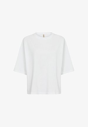 Fehér, túlméretezett póló kerek nyakkivágással, rövid ujjakkal és sima, egyszínű textúrával. Nincsenek látható minták vagy díszítések.