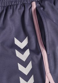 Lila sportshorts med ett vitt zebramönster på vänster sida och en rosa detalj längs sidofickan. Tillverkade av texturerat tyg.