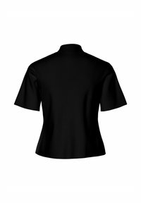 Melnās īsās piedurkņu blūze ar augstu apkakli. Gluda auduma, pieguļošs dizains un plati izplūstošs formas apakšdaļā. Nav redzamu akcentu vai rakstu.