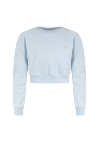 Sweat-shirt cropped bleu clair à manches longues, avec poignets et ceinture côtelés, et petit logo ovale sur la poitrine.