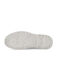 Weiße Gummisohle mit strukturiertem Profil, das tiefe Rillen und kreisförmige Griffe aufweist. "Dockers"-Logo auf der Seite eingeprägt.