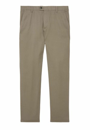 Beige Freizeithose mit Seitentaschen, Knopfverschluss und Gürtelschlaufen, flach auf weißem Hintergrund dargestellt.