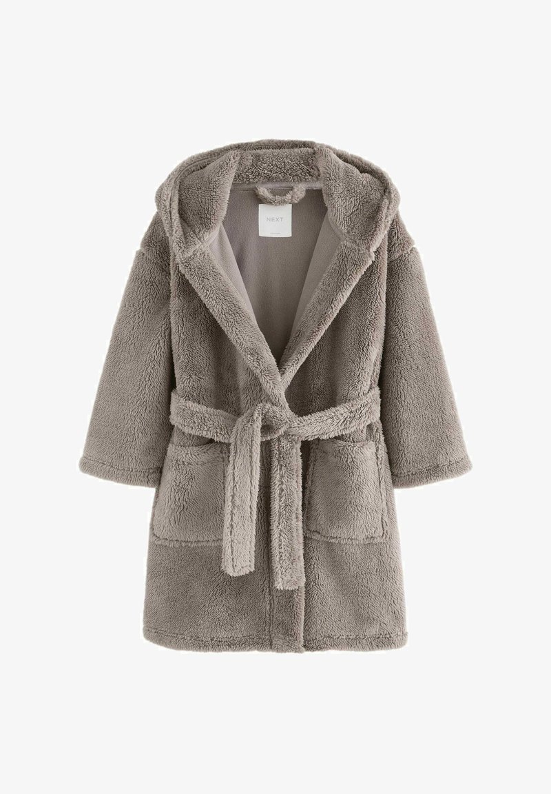 Fleece-Bademantel in Hellgrau mit Kapuze, Gürtel und zwei aufgesetzten Taschen. Weiche Textur mit einem plüschigen Äußeren, weiten Ärmeln und offenem Front.