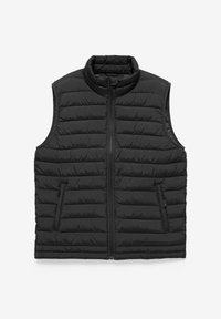 Veste sans manches noire matelassée avec fermeture éclair à l'avant, deux poches latérales zippées, col montant et sections rembourrées horizontales.