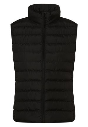 Black padded sleeveless vest with a high collar, featuring a zip closure and horizontal quilting. Made from a smooth synthetic material.