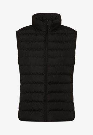Black padded sleeveless vest with a high collar, featuring a zip closure and horizontal quilting. Made from a smooth synthetic material.