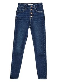 Jeans ceñidos de mezclilla oscura de cintura alta, con cierre de cinco botones en la parte delantera, dos bolsillos frontales y una textura suave.