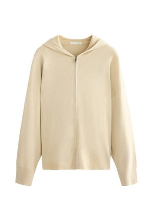 Sweat à capuche en maille beige avec fermeture éclair, manches longues, poignets et ourlet côtelés, présenté sur un fond blanc uni.