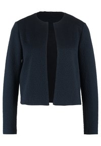 Veste texturée bleu marine avec manches longues et col rond ; design à ouverture frontale sans boutons ni fermetures. Motif embossé subtil.
