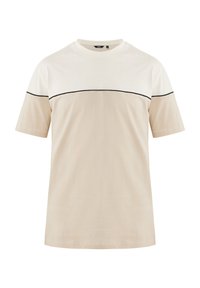 Béžové tričko vyrobené z bavlny, s kulatým výstřihem, krátkými rukávy a černým vodorovným pruhem přes horní část hrudníku.