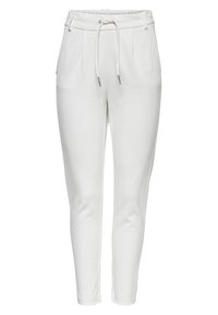 Witte broek van een gladde stof, met een elastische tailleband en een trekkoord, plus twee voorplooien voor extra detail.