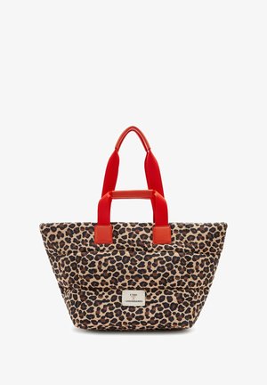Leopard print tote bag with padded texture, featuring bright red handles and a small white label on the front.