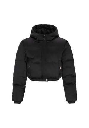 Veste doudoune noire courte avec capuche, dotée d'une fermeture éclair à l'avant, de boutons-pression et de poignets élastiques. Tissu lisse et texturé.