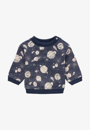 Pull pour tout-petit bleu marine avec imprimé à thème spatial blanc comprenant des planètes, des lunes, des étoiles, et un petit bouton près de l'encolure.