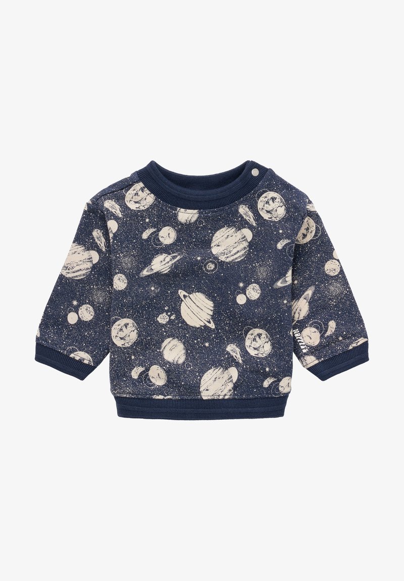 Pull pour tout-petit bleu marine avec imprimé à thème spatial blanc comprenant des planètes, des lunes, des étoiles, et un petit bouton près de l'encolure.