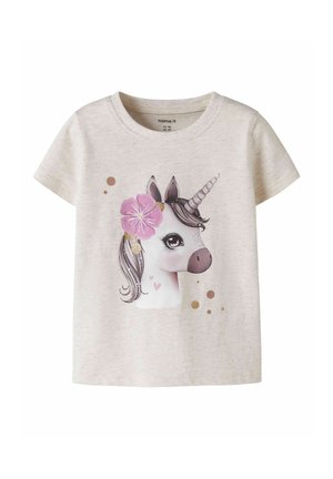 Light beige toddler T-shirt with a unicorn head print wearing a large pink flower and gold glitter accents.
