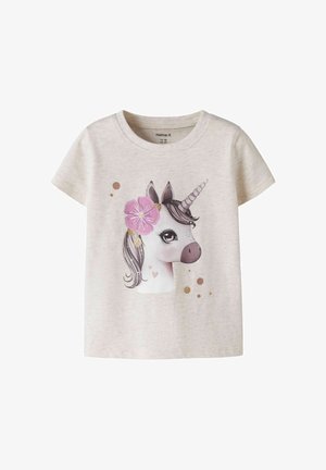 Light beige toddler T-shirt with a unicorn head print wearing a large pink flower and gold glitter accents.