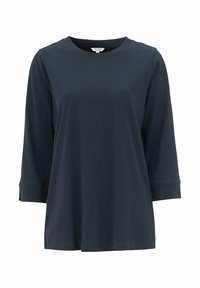 Dunkelblaues Langarm-T-Shirt aus weicher Baumwolle. Rundhalsausschnitt mit leicht ausgestellt geschnittenen Ärmeln und weiterer Passform. Flachnähte.