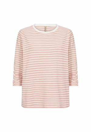 Pruhovaná košile s jemným vzorem růžové a bílé barvy, kulatým výstřihem, rukávy do tří čtvrtin a nařasením na rukávech.