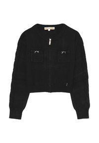 Cardigan nero corto con scollo tondo, zip frontale, due patte per tasche e maniche testurizzate. Realizzato in morbido tessuto a maglia.