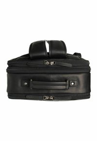 Borsa da viaggio in pelle nera con doppie cerniere, una maniglia superiore e un fondo rinforzato; texture liscia con minime rifiniture in metallo.