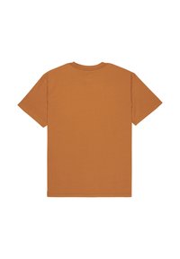 T-shirt basique marron à manches courtes et col rond, vu de dos sur un fond blanc.