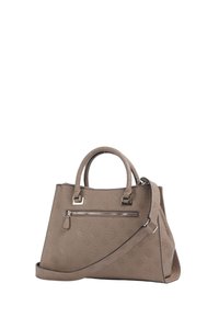 Bolso estructurado beige en material texturizado, con doble asa en la parte superior, una correa de hombro removible y un bolsillo frontal con cremallera con patrón de logo.