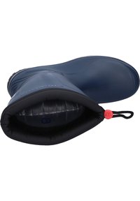 Navy rubber boot with a rounded toe, elasticized collar, and red toggle cord. Interior features a cushioned lining for added comfort.