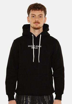 Black hoodie with drawstrings, featuring white text "PICALDI JEANS BERLIN" on the front. Made of soft fabric with a kangaroo pocket.