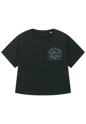 Black cotton T-shirt with a rounded neckline and short sleeves. Features a multi-colored graphic print of mountains and fire on the chest.